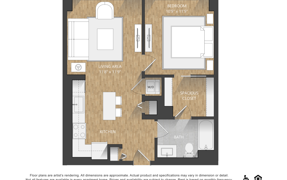 B5.1 - 1 bedroom floorplan layout with 1 bathroom and 654 square feet