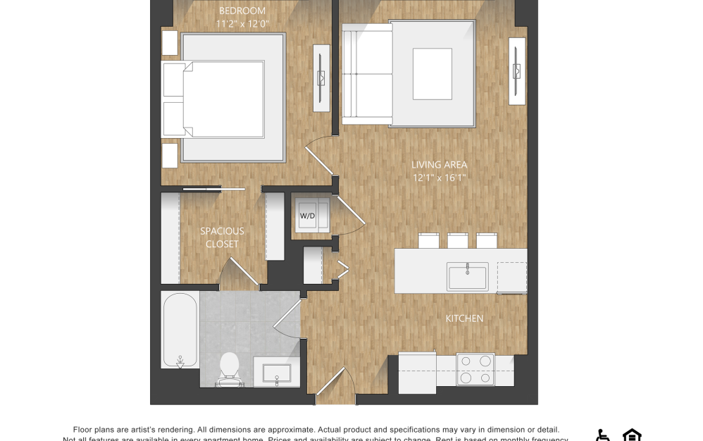 B5.1 - 1 bedroom floorplan layout with 1 bathroom and 654 square feet